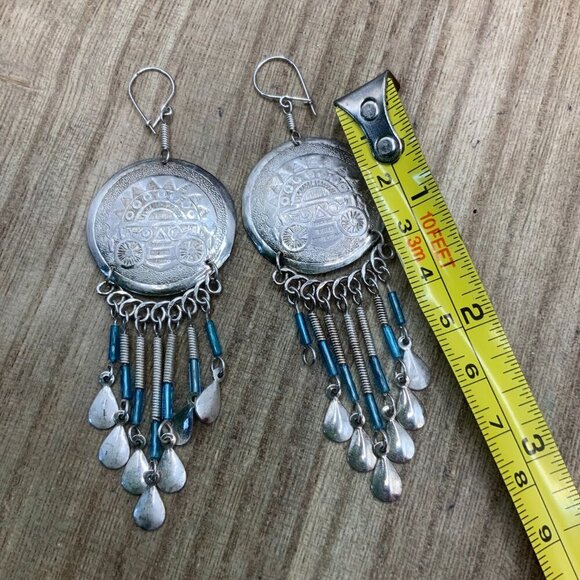 Peruvian Handmade Coin Silver Tone Dangling Hook Earrings - Picture 7 of 7